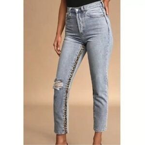 NEON BLONDE Light Blue Straight Leg Jeans with Leopard Detail